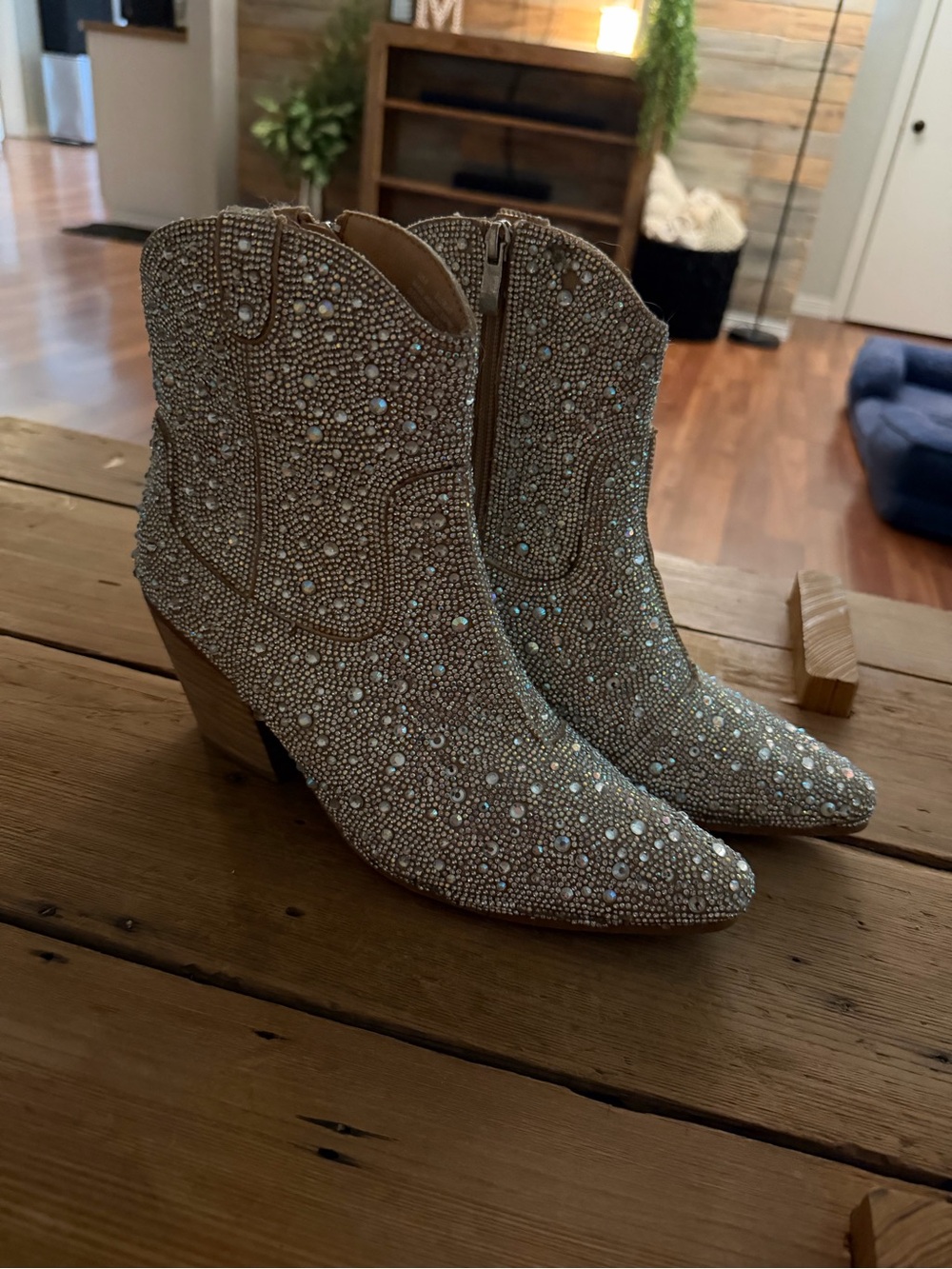 Crystal-Embellished Tan Western Ankle Boots with Stacked Heel
